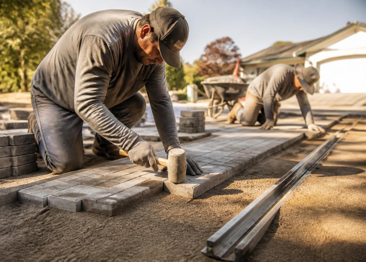 Crew setting pavers on a screeded base with a rubber mallet