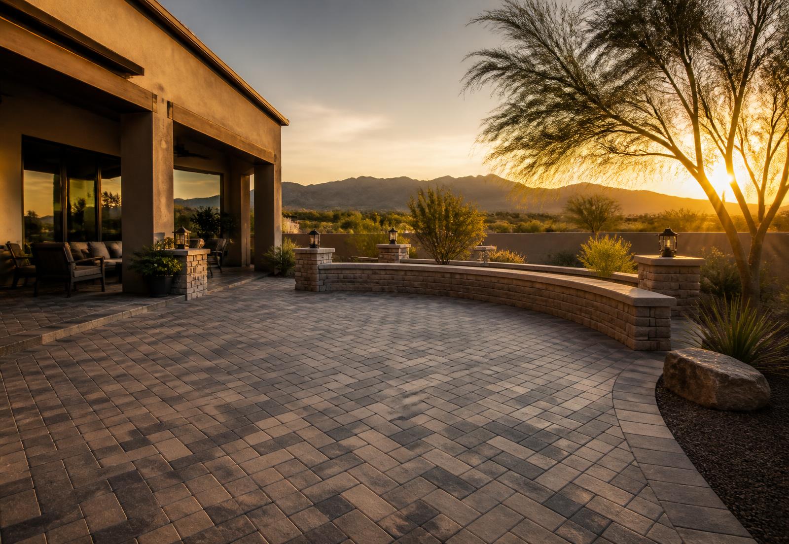 Finished paver patio with a curved seat wall at sunset