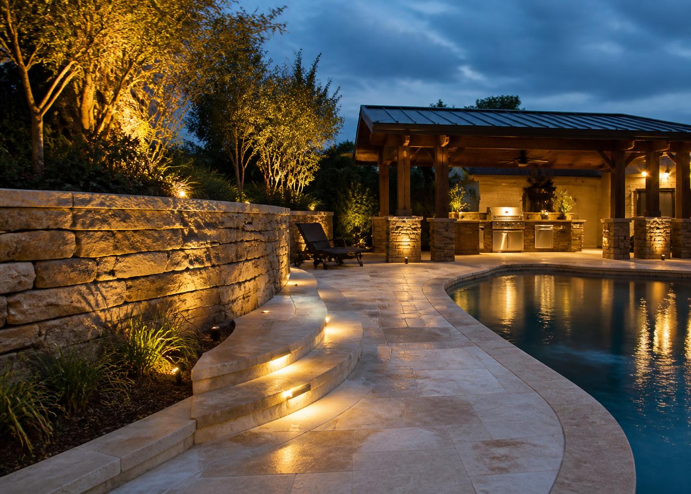 Travertine pool deck and stone retaining wall lit at dusk