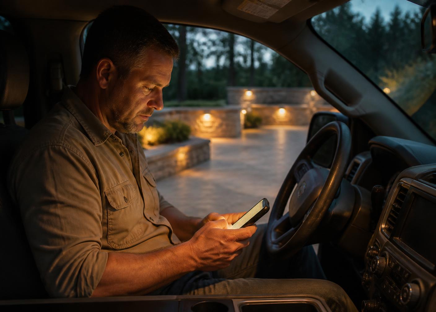 Business owner checking their phone in the truck cab at dusk